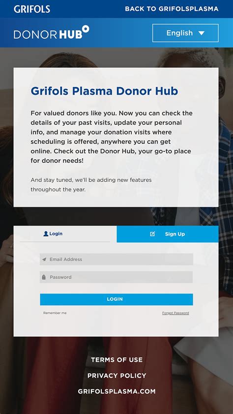Grifols plasma donor hub app - Donor Hub is an app designed for plasma donors to enhance their donation experience. It allows donors to check their donation and compensation history, schedule appointments, receive tips, and learn about events and promotions at their center. The app is available for download and registration is required to access its features.